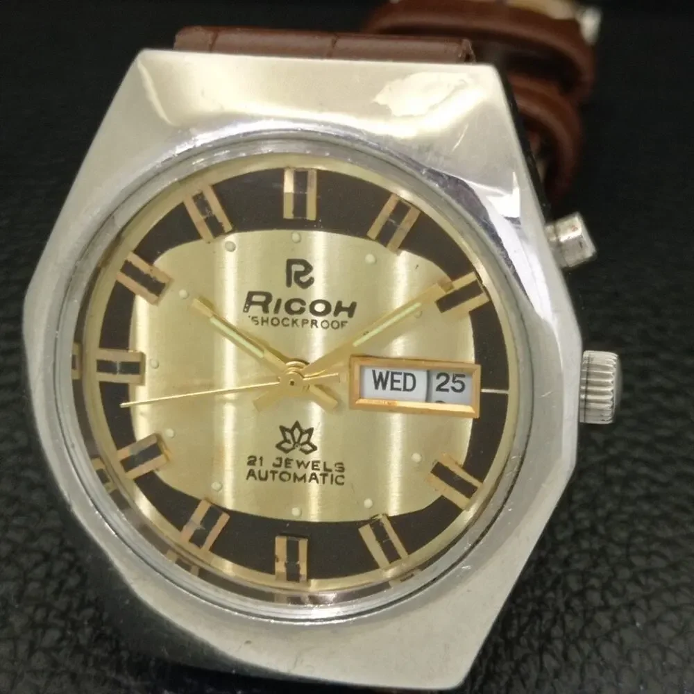 Vintage 1985 Ricoh Automatic Mens Silver Watch W/daydate & Gold accents